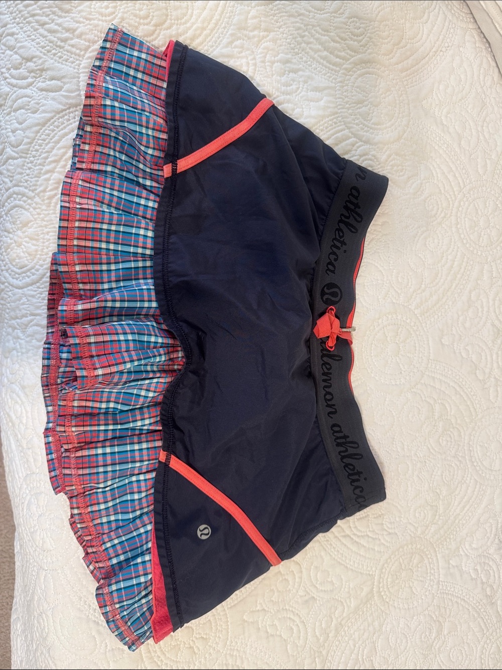 lululemon athletica Navy Skort with Coral Trim and Blue-Red Plaid Ruffle